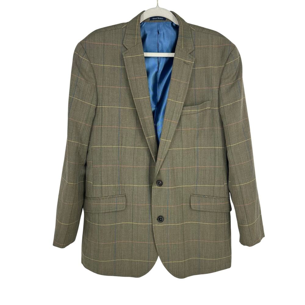 SAMUEL WINDSOR Sports Blazer Jacket 42R Brown Windowpane Wool Linen Blend